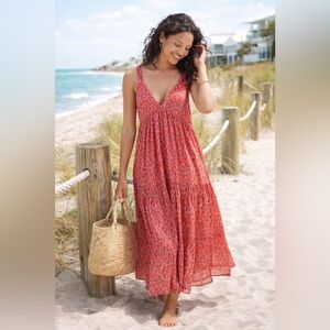 Joie Red Tea Rose Floral Cotton Maxi Dress Boho Tiered V-Neck Resort Vaca Size L